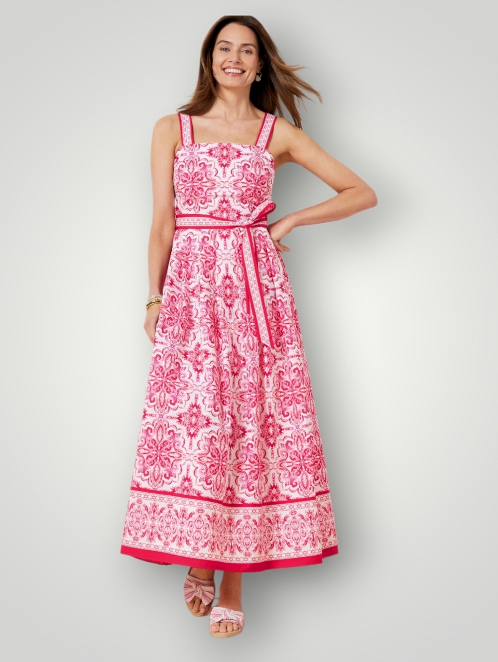 Talbots Square Neck Maxi Dress 14 Red White Watercolor Medallion Print Belt